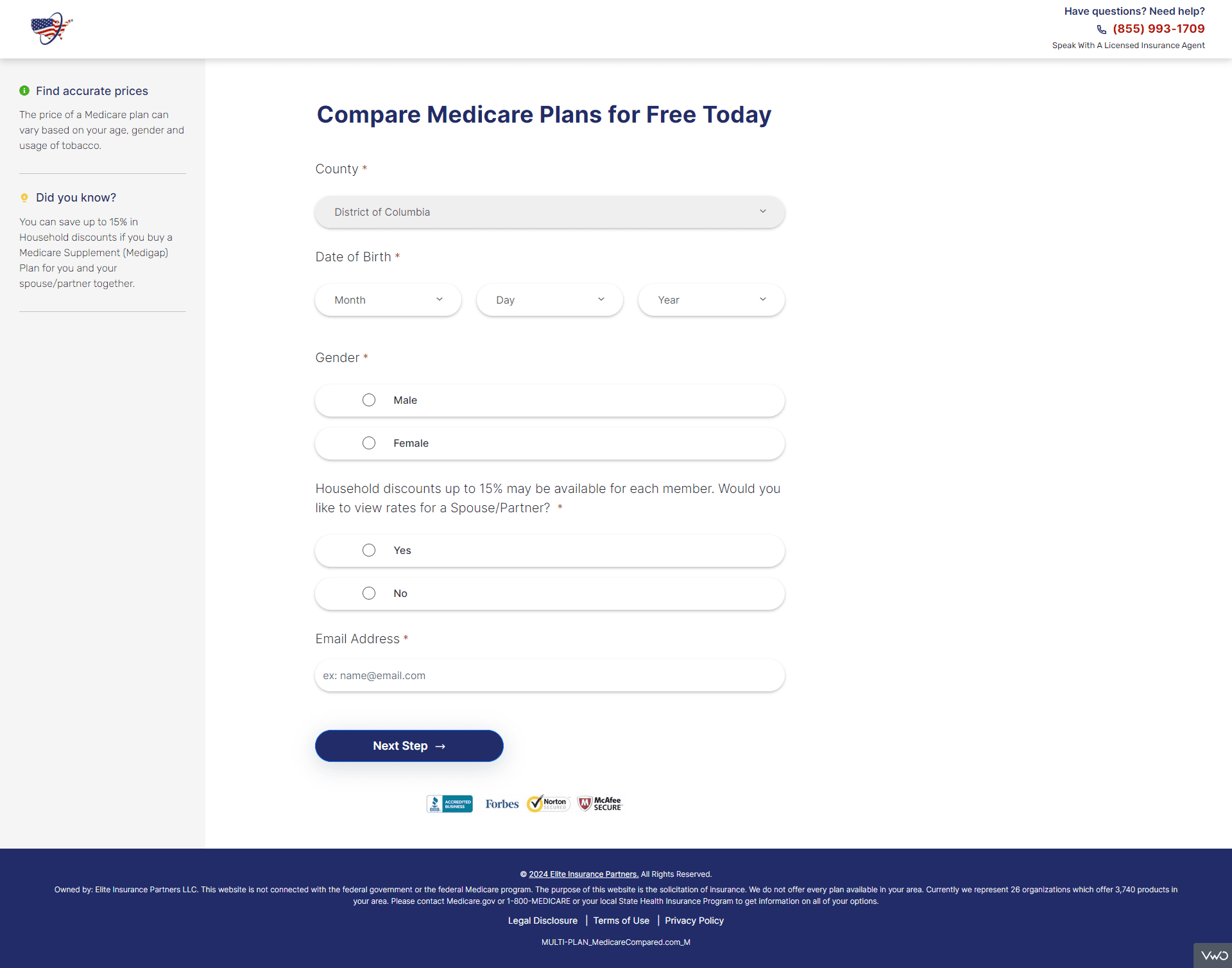 Variant quote funnel with the email field moved earlier